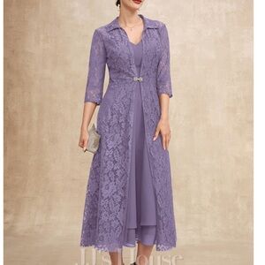 Elegant Lavender Lace Overlay Midi Dress with Jacket